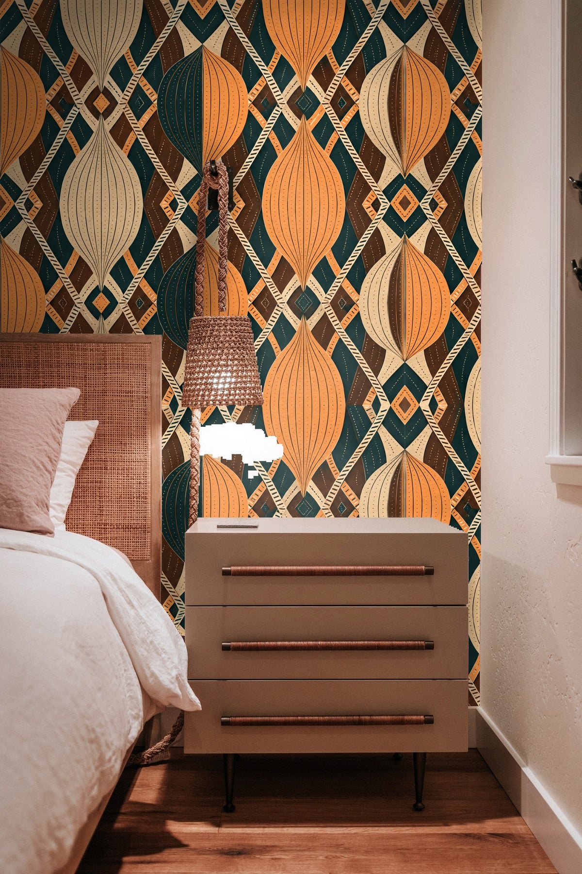 Symmetrical diamond lattice overlays intersecting with large hourglass shapes in earthy tones.