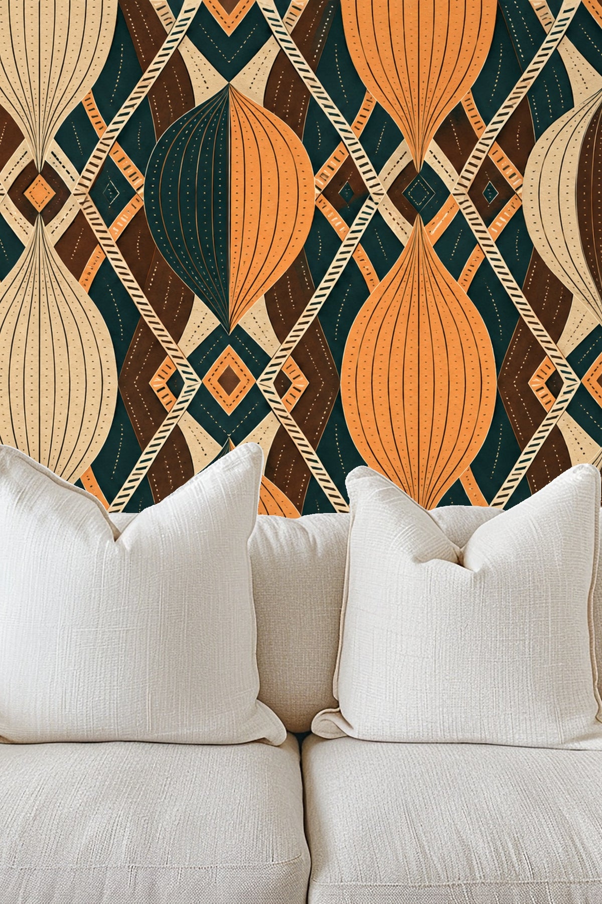 Close-up shot of pleated hourglass shapes in a retro modern style wallpaper design.