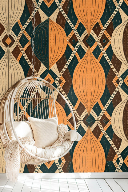 Artful living space corner framing geometric wallpaper design with soft furnishings.