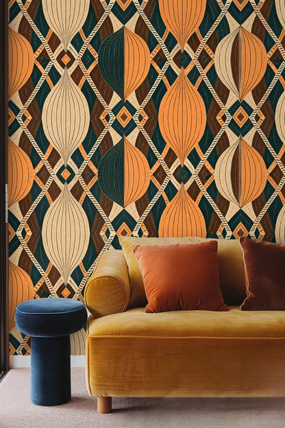 Hand-drawn line details and dotted accents adding texture to a geometric repeating wallpaper motif.