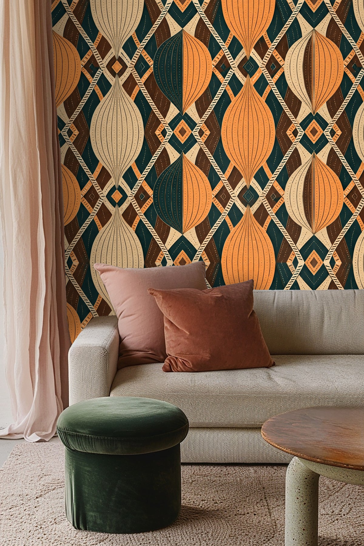 Bedroom wall dressed with Pleated Hourglass Caravan wallpaper behind white headboard and bedding.