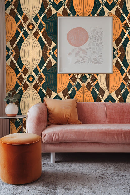Wallpaper featuring warm autumnal colors and bold shapes creating a rhythmic wall presence.