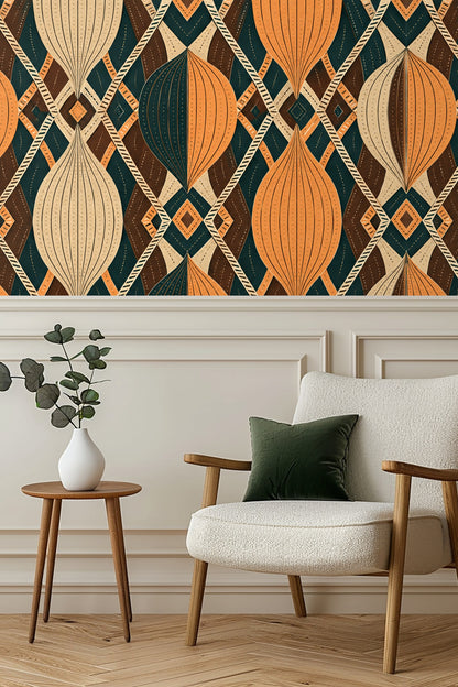 Living room wall with Pleated Hourglass Caravan wallpaper showing the pattern scale with sofa and velvet cushions.