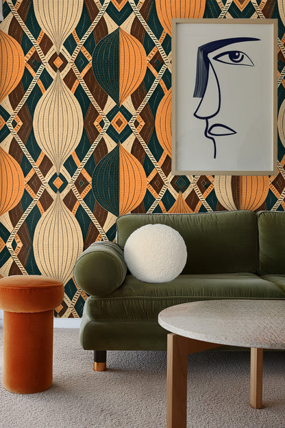 Interior setting with soft light highlighting wallpaper pattern behind neutral upholstered furniture.