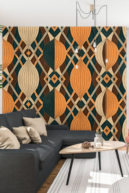Pattern showing interplay of light and dark vertical forms with dot embellishments.