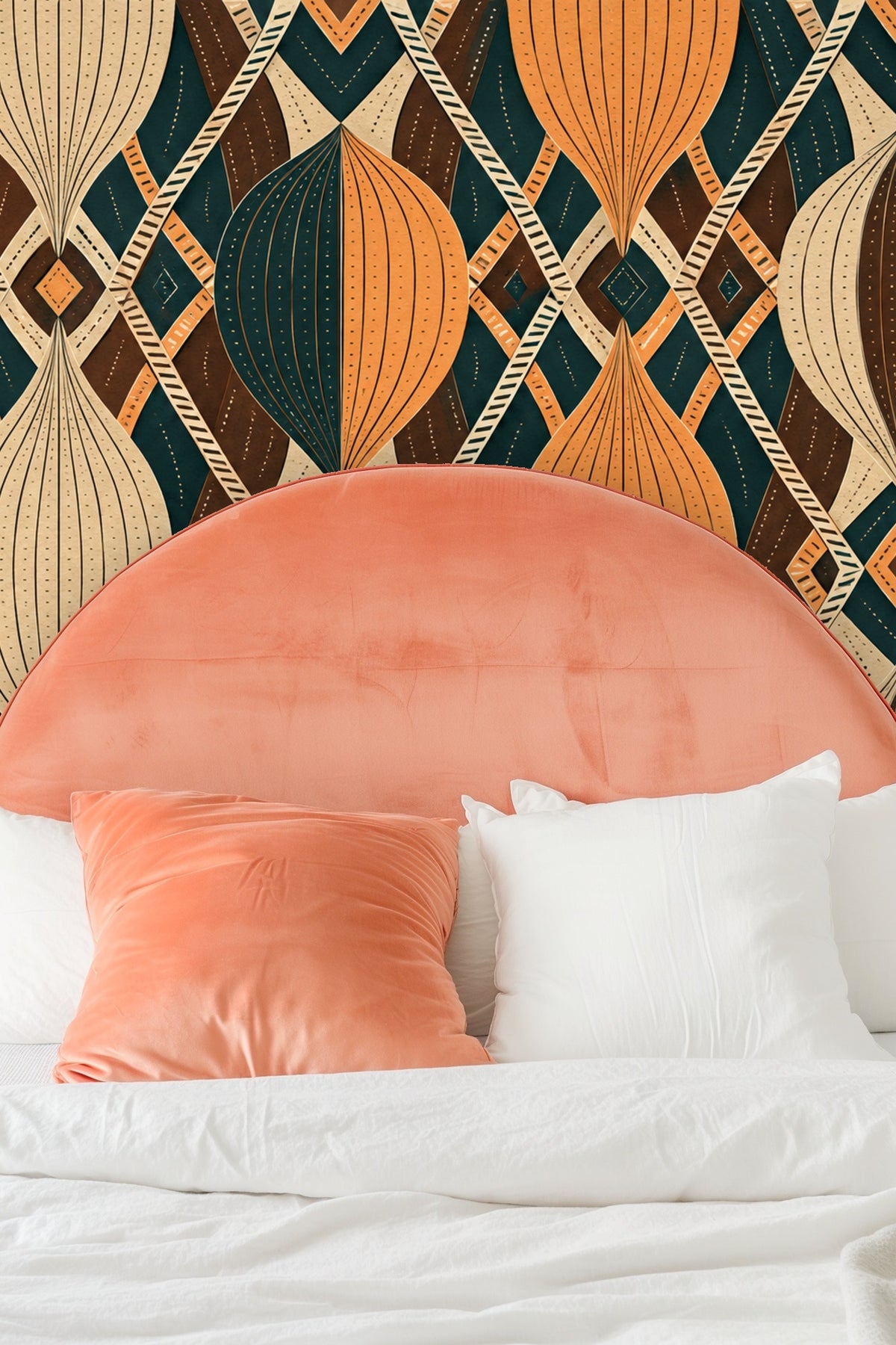 Abstract geometric wallpaper pattern with repeating hourglass shapes and dotted line details in muted ochre, green and cream hues.