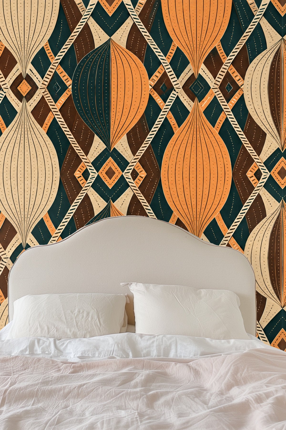Original wallpaper artwork featuring orange and cream pleated hourglass shapes on green and brown geometric lattice background.