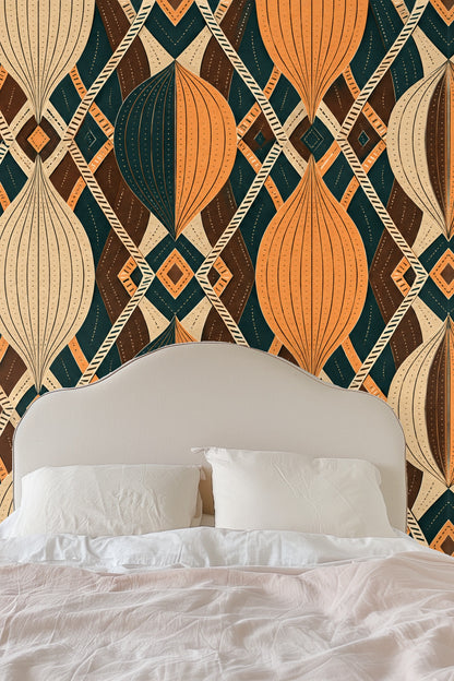 Original wallpaper artwork featuring orange and cream pleated hourglass shapes on green and brown geometric lattice background.