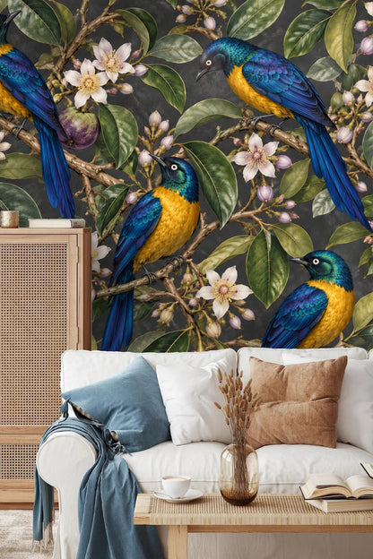 Wallpaper application view showing scale of starlings and branches in indoor setting