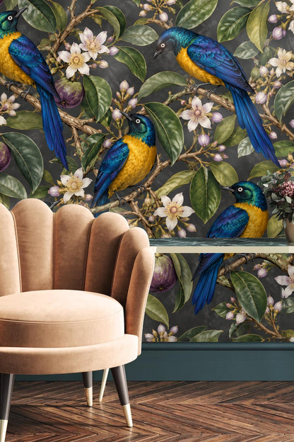 Golden starling looking upwards among leaves and blossoms on wallpaper