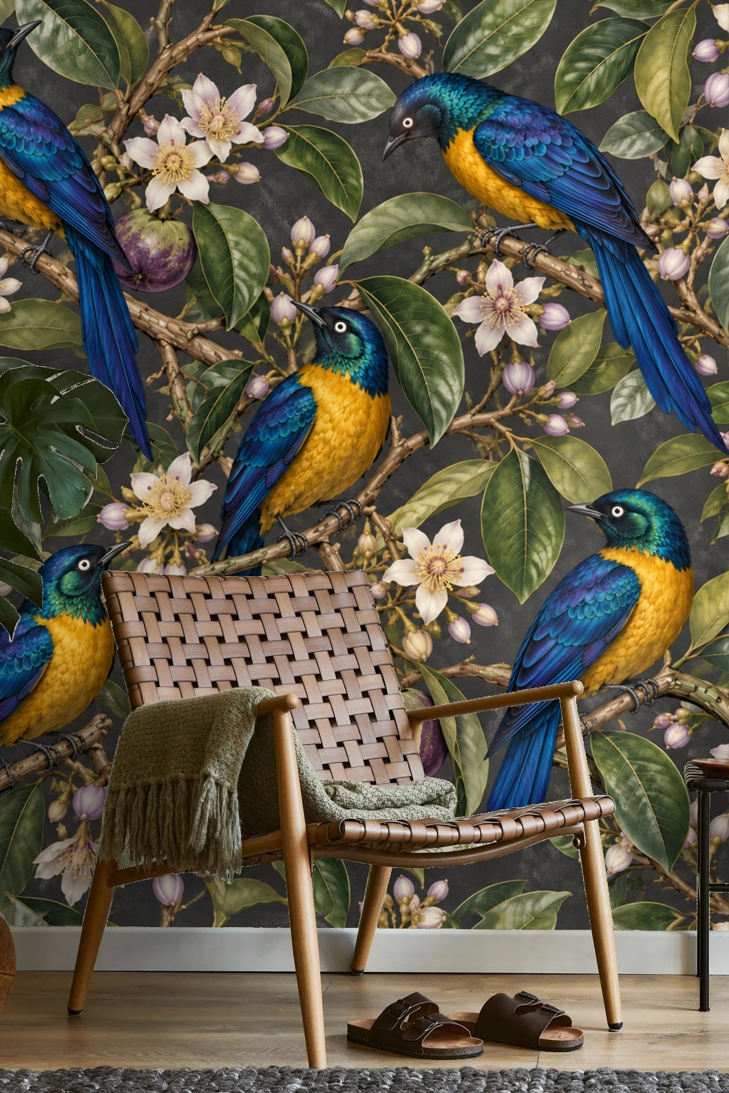 Purple starapple fruit nestled within green leaves framed by vibrant starlings