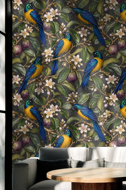 Pattern repeat detail showing multiple starlings and starapple branches