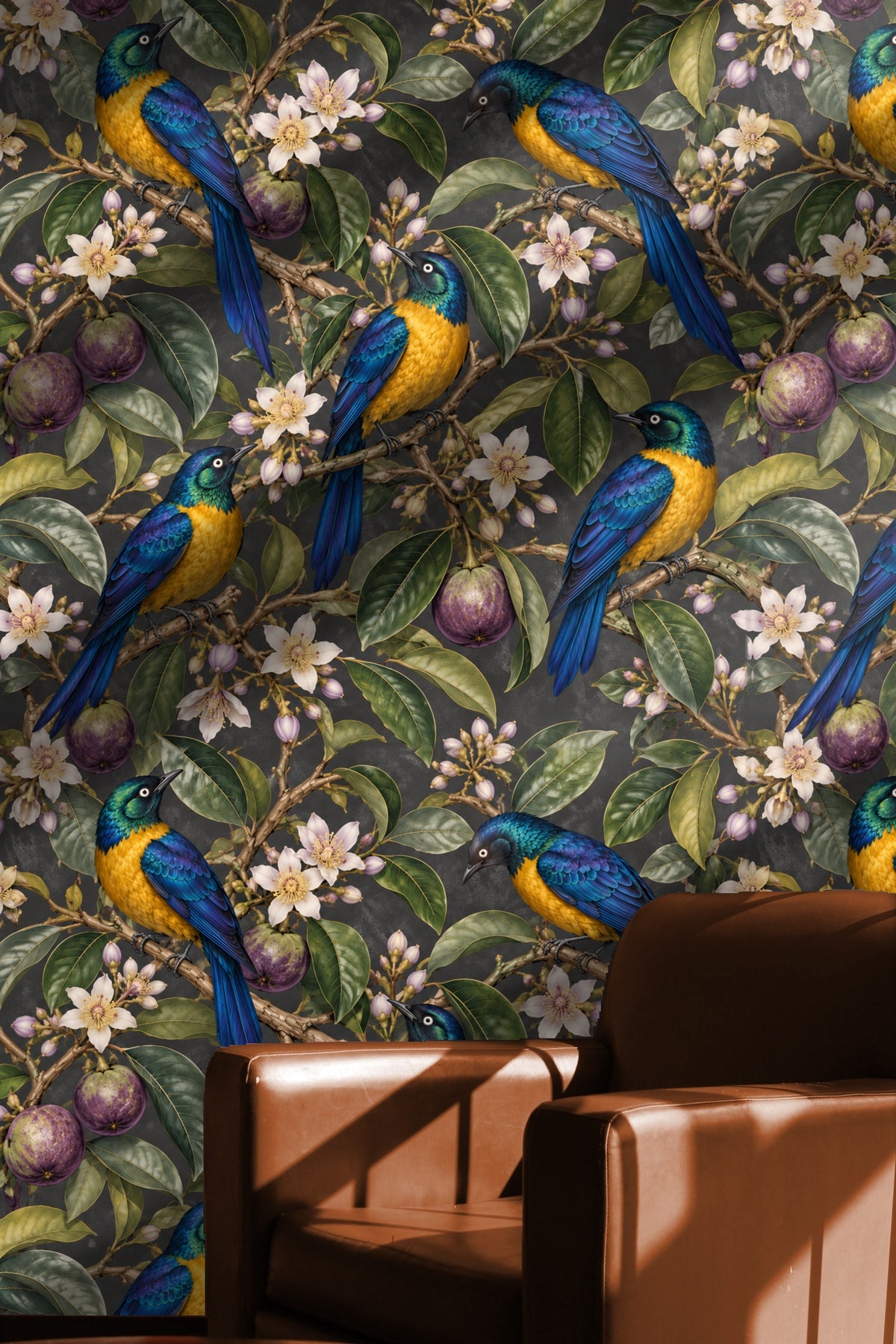 Detailed view of starapple fruit and green leaves with starling wallpaper background