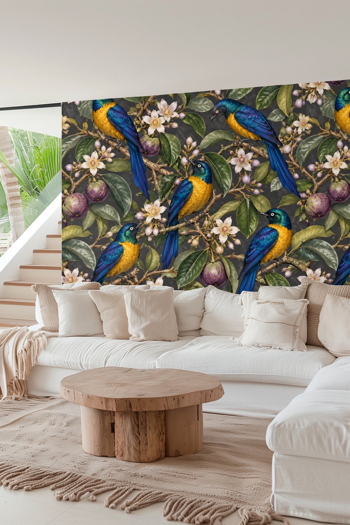 Side view of blue and yellow starling with white eyes and black beak on botanical wallpaper