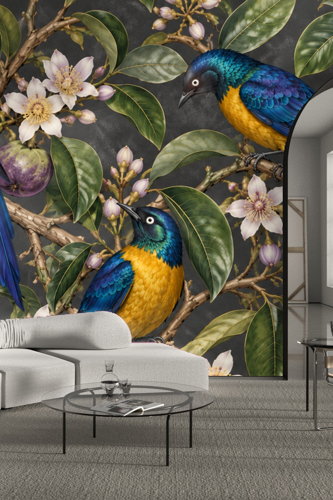 Bedroom with bed and round mirror highlighting Golden Starling & Starapple wallpaper behind the bed
