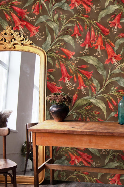 Lobelia Flame Pattern wallpaper shown in an interior setting