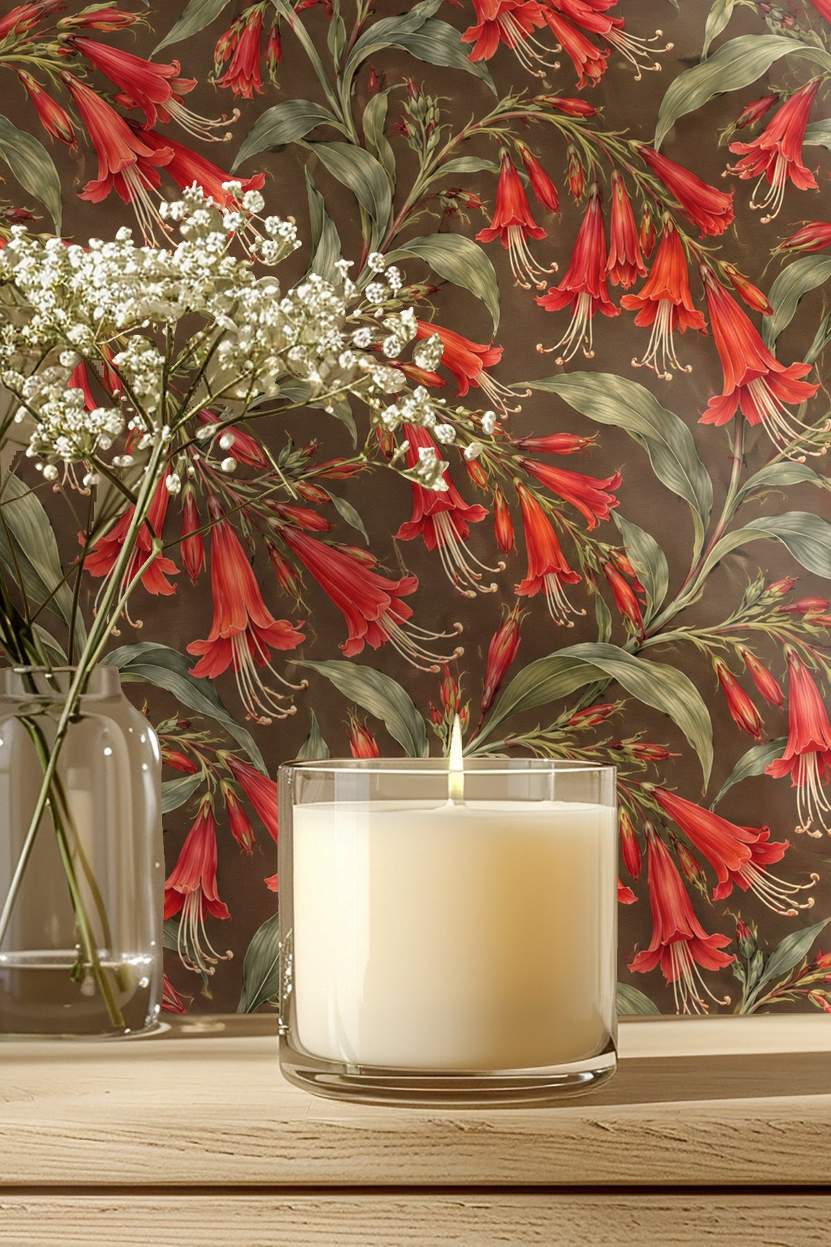 Wallpaper pattern close-up of scarlet trumpet flowers with olive green leaves on brown background