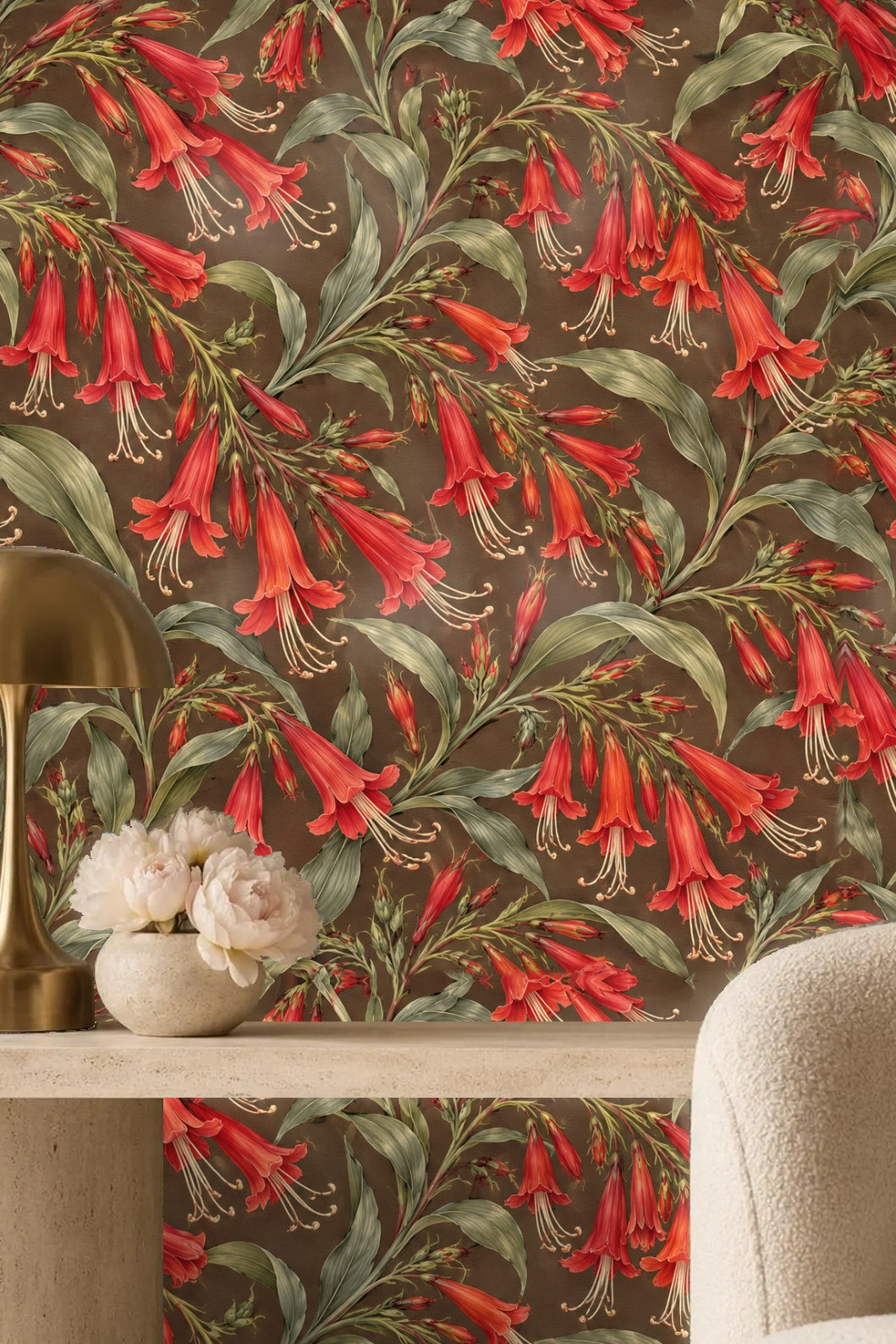 Lobelia Flame Pattern wallpaper shown in an interior setting