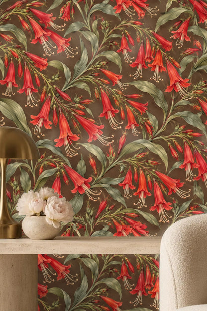 Lobelia Flame Pattern wallpaper shown in an interior setting