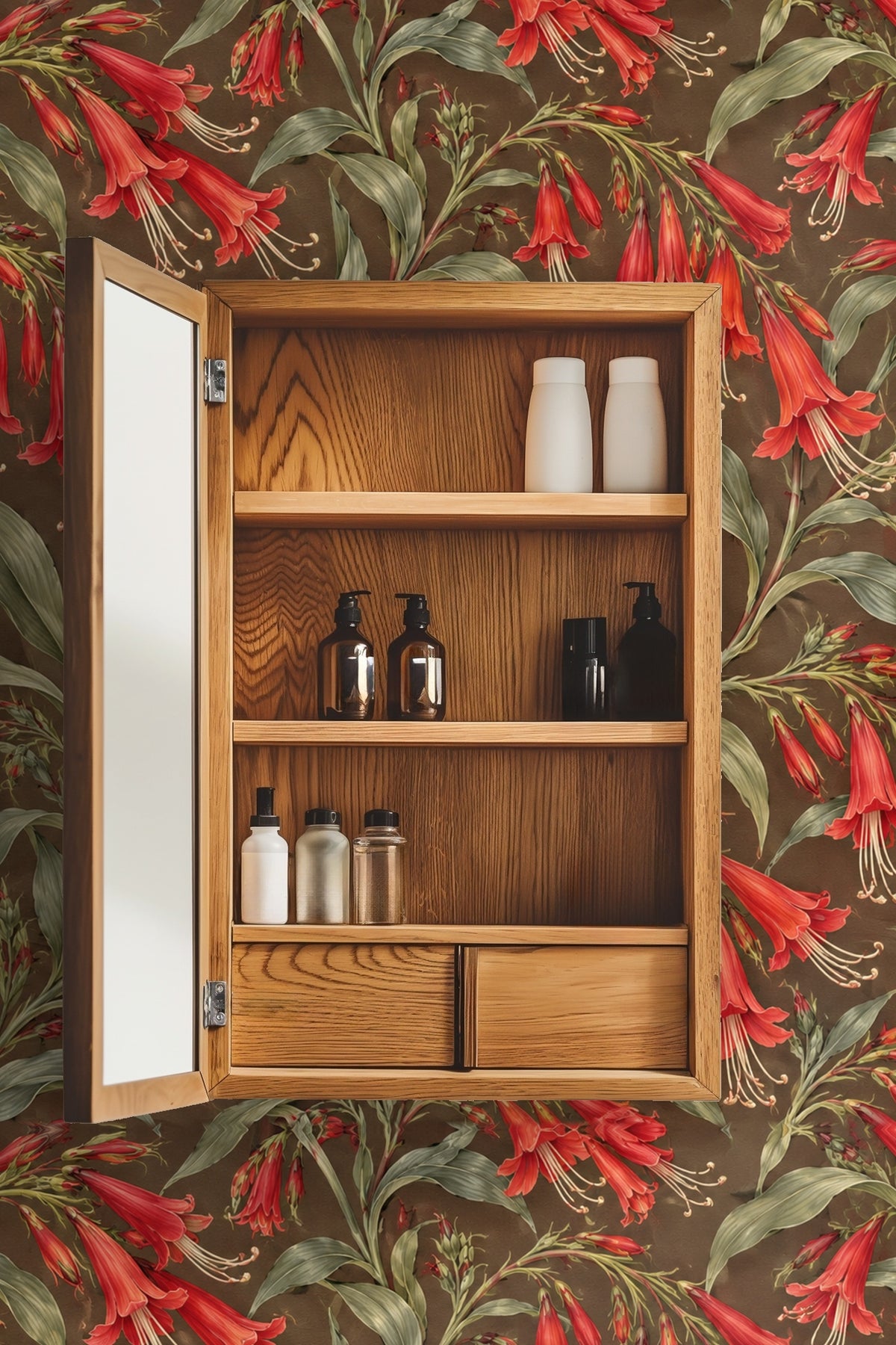 Laundry room interior with scarlet trumpet floral wallpaper on walls behind washer, dryer, wooden countertop, and shelves