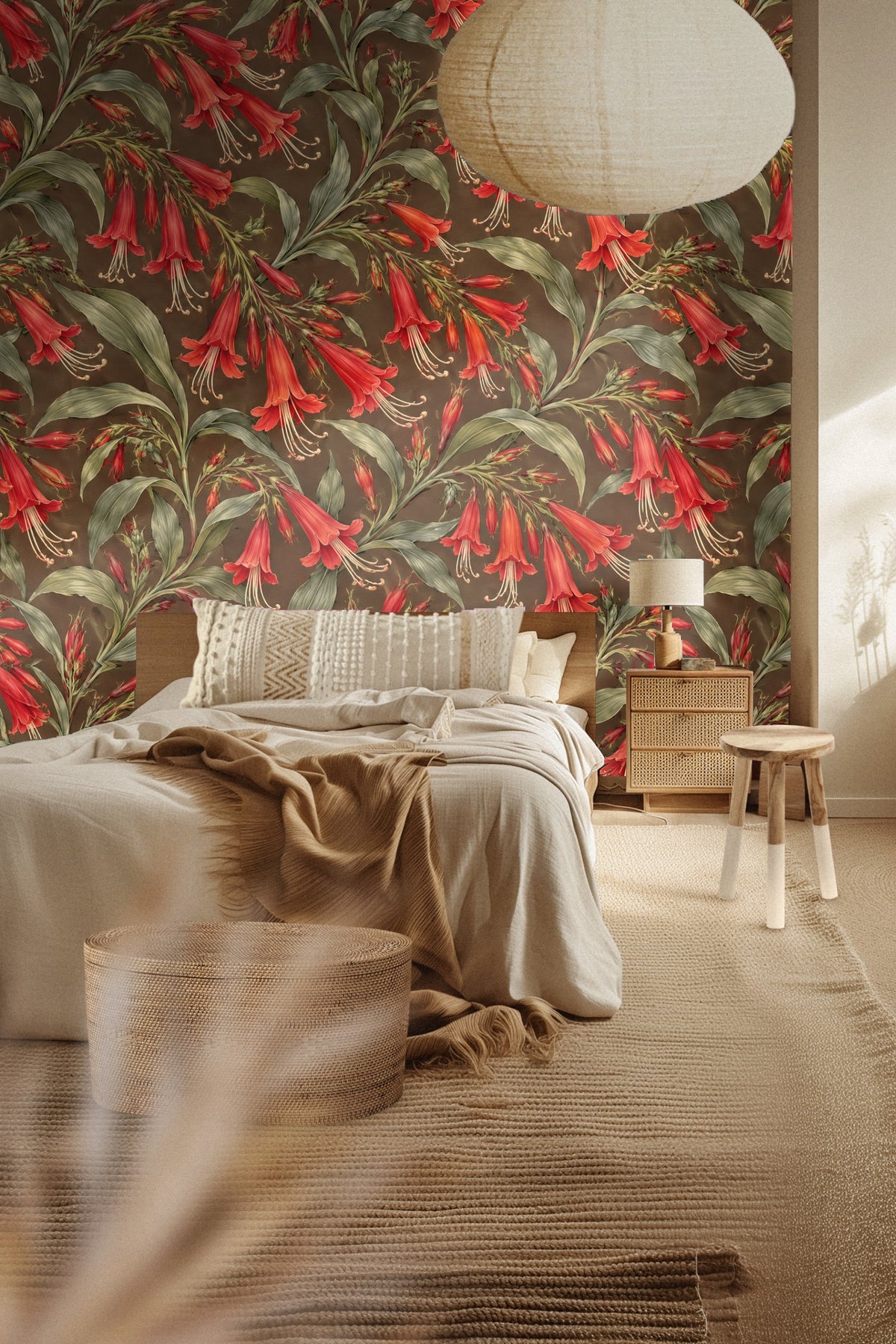 Lobelia Flame Pattern wallpaper shown in an interior setting