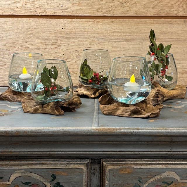 Mini Glass Terrarium On Wood (Approx. 6" X 5" X 5") by Asia West — view 2