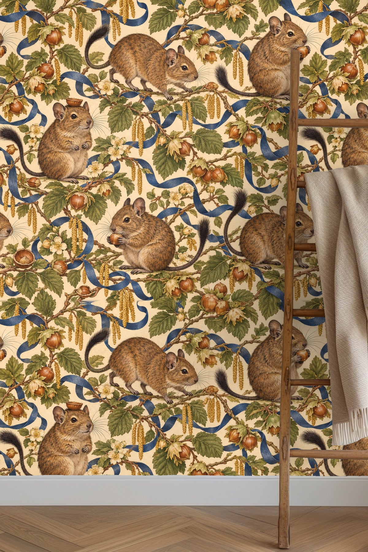 Detailed wallpaper artwork showing brown degus among hazelnut branches and blue ribbons on a beige background
