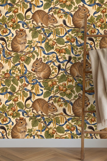 Detailed wallpaper artwork showing brown degus among hazelnut branches and blue ribbons on a beige background