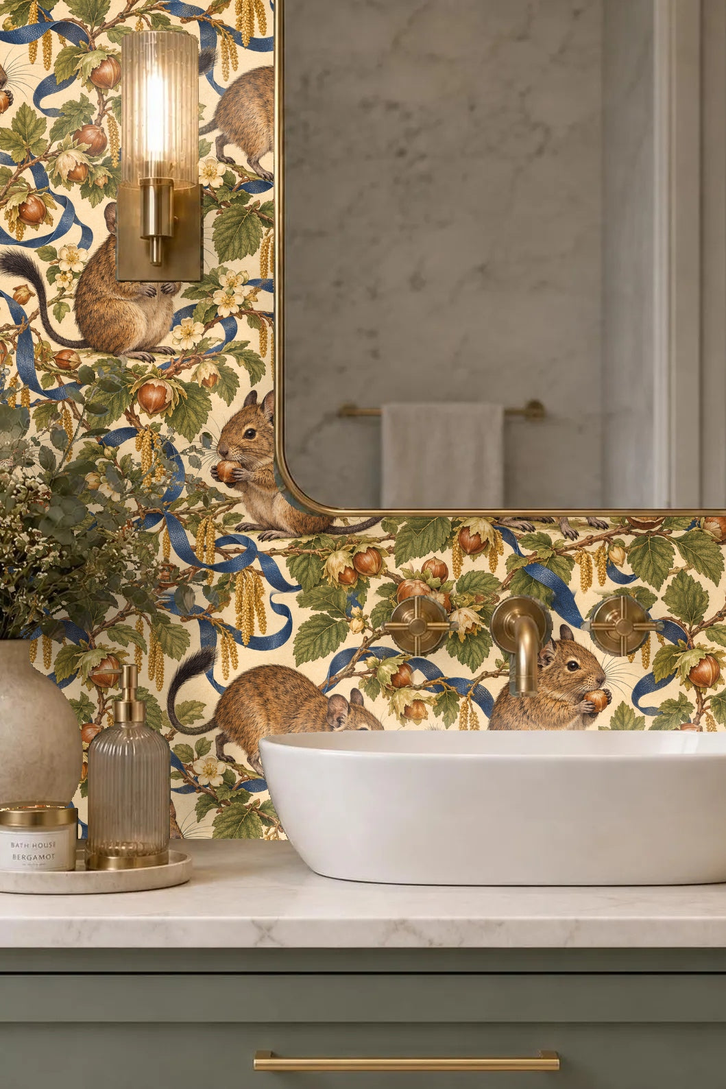 Decorative blue ribbons twisting among hazelnut clusters on wallpaper