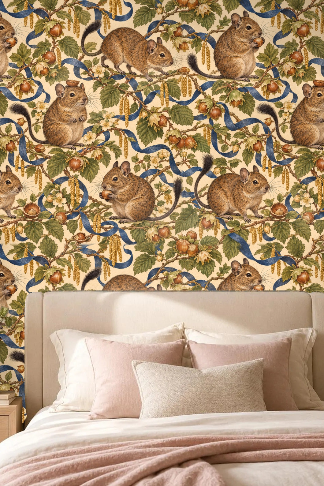 Living room with wallpaper featuring degus and hazelnut branches paired with orange sofa and rug