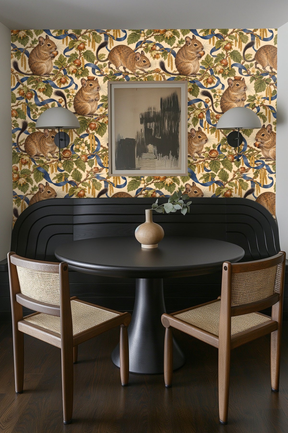 Foliage and flower blossoms intertwined on wallpaper with realistic shading