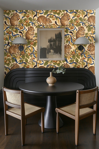 Foliage and flower blossoms intertwined on wallpaper with realistic shading