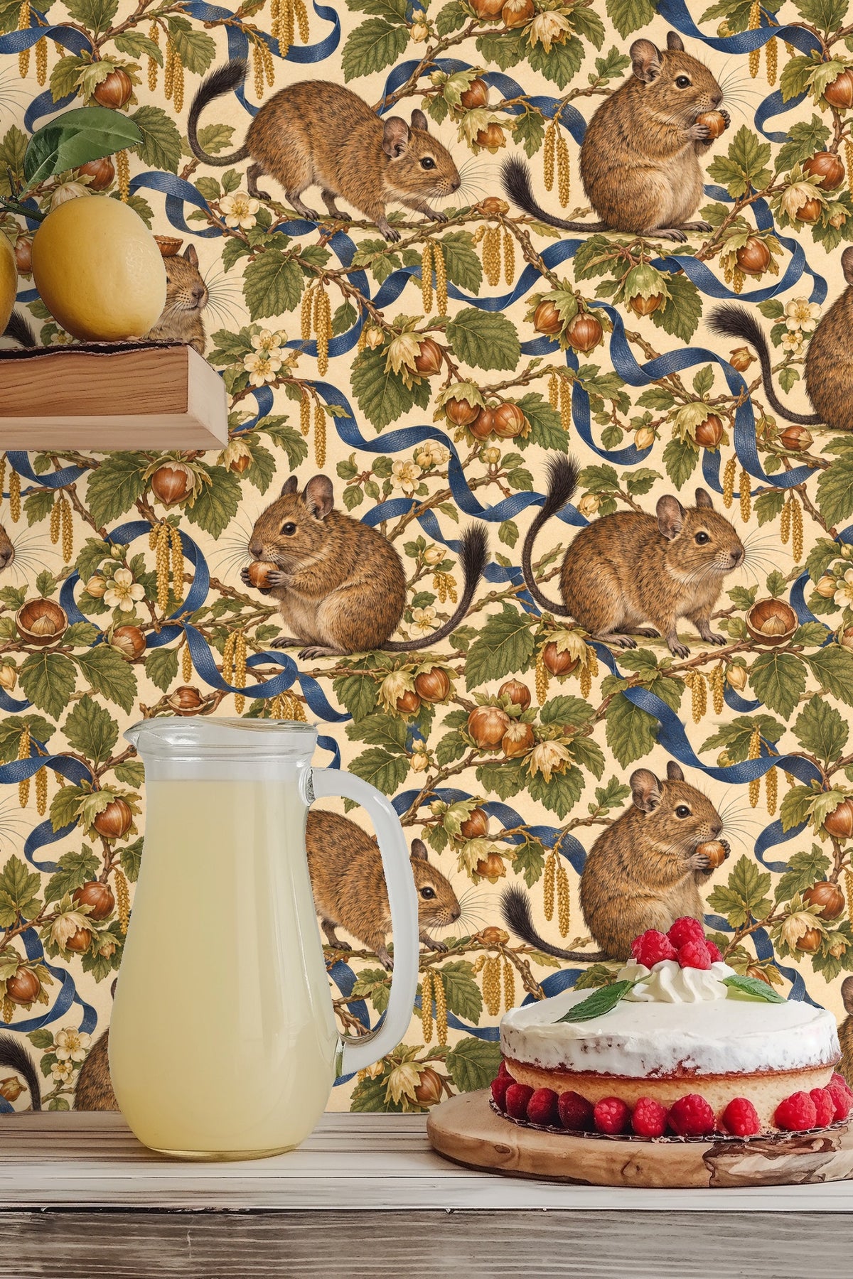 Group of degus in various poses amid botanical details on wallpaper