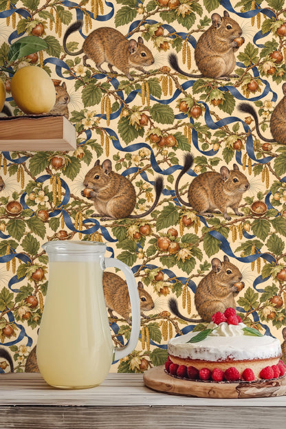 Group of degus in various poses amid botanical details on wallpaper