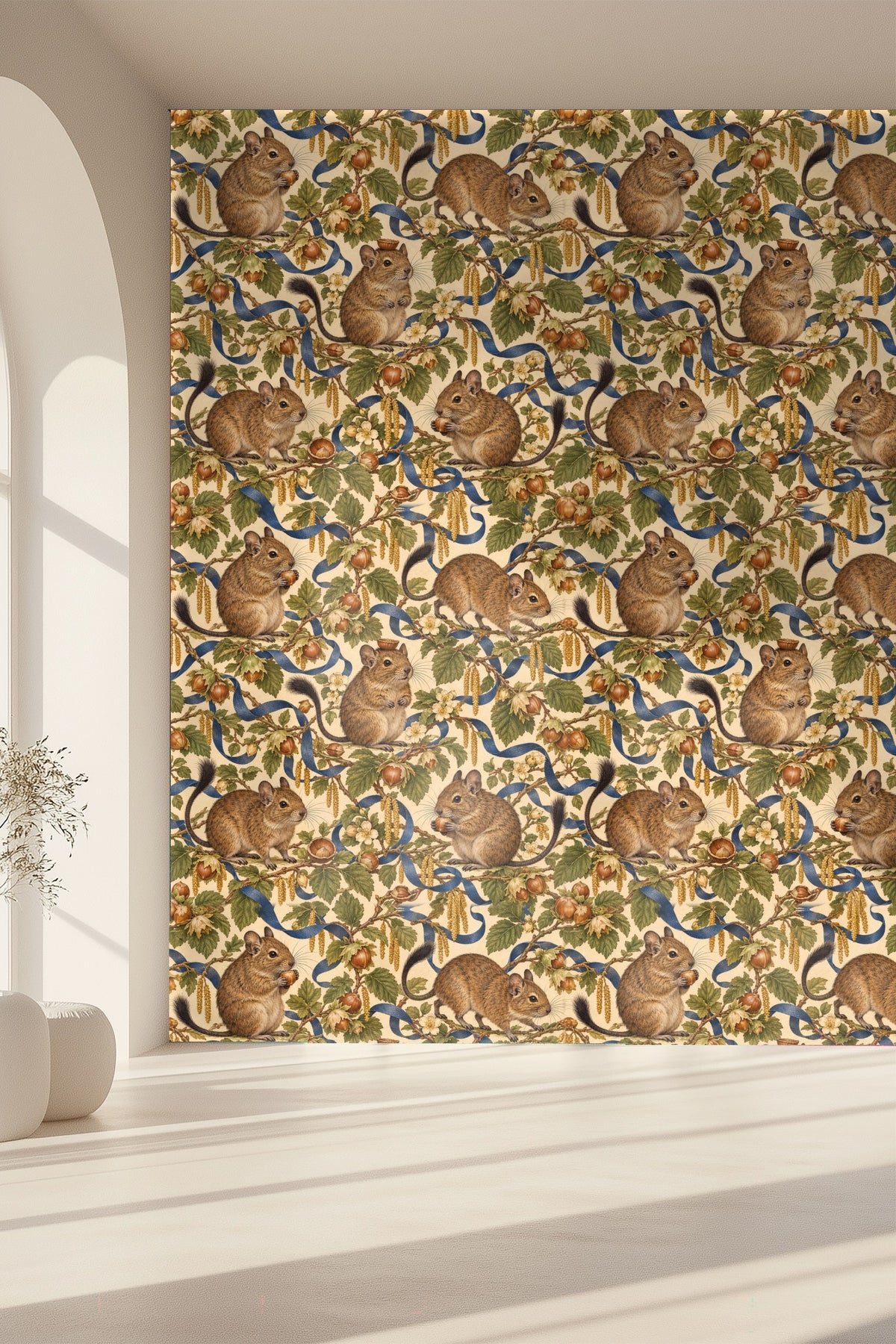 Overall wallpaper repeat pattern with naturalistic degus and detailed leaves