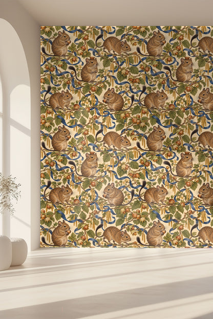 Overall wallpaper repeat pattern with naturalistic degus and detailed leaves