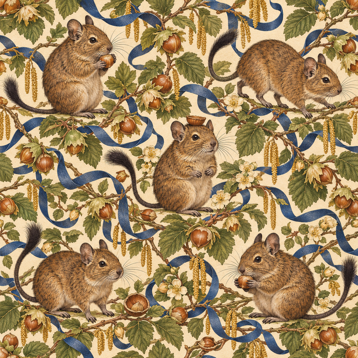 Composition of leaves, nuts, and rodents with delicate botanical accuracy