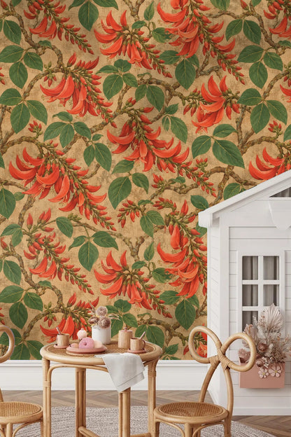 Close-up of coral-red Erythrina flowers with layered green leaves and twisting branches