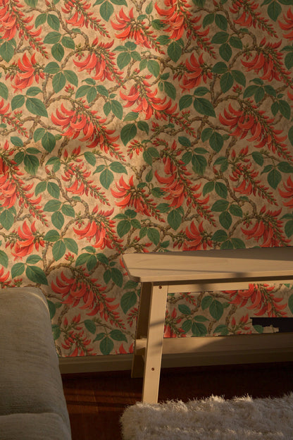 Wallpaper vignette showing how vibrant floral design complements neutral furnishings
