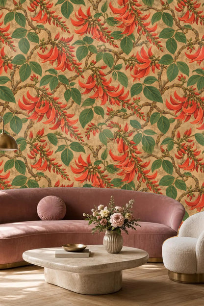 Entryway featuring Erythrina Coral Blooms wallpaper behind a modern sideboard and neutral decor