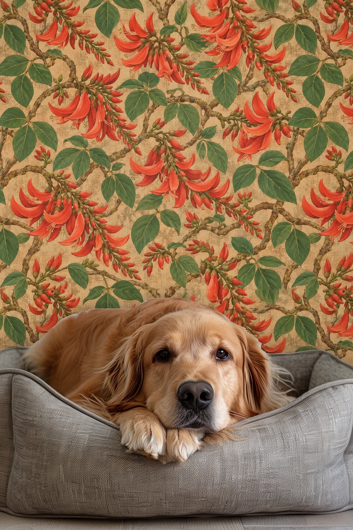 Green leaves and coral flowers combination forming a lively botanical pattern