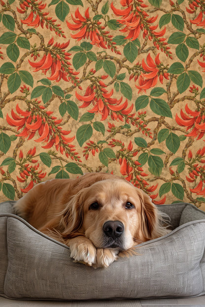 Green leaves and coral flowers combination forming a lively botanical pattern