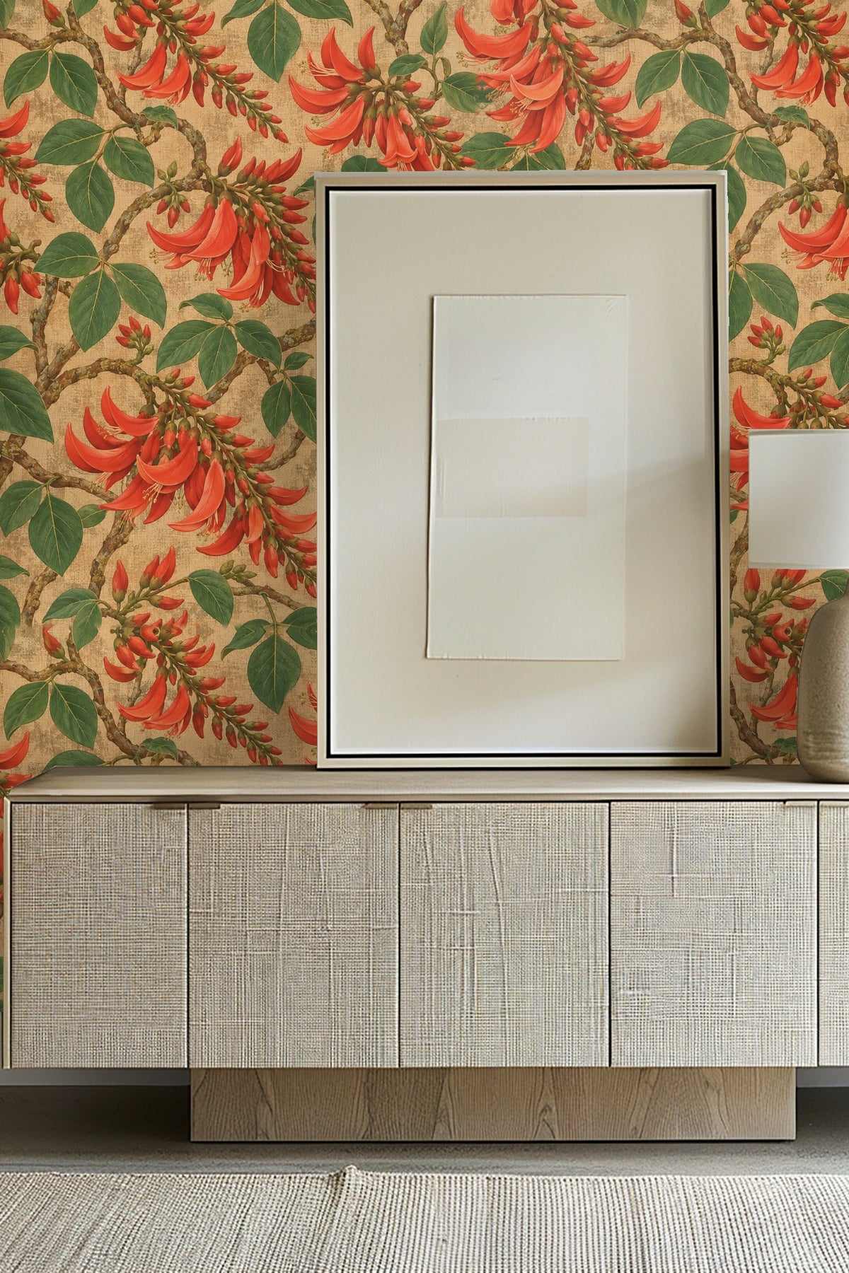 Detailed view of Erythrina Coral Blooms wallpaper showing coral flowers and green leaves on textured beige background