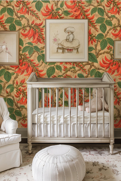 Wallpaper panel with focus on naturalistic botanical elements and warm palette