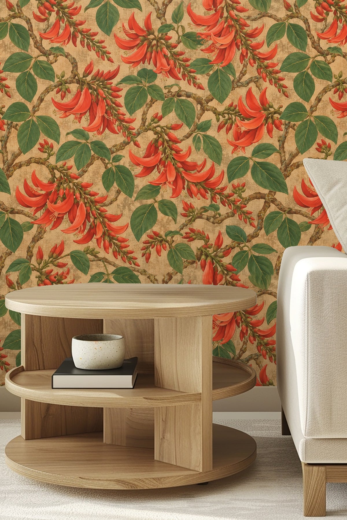Soft light on coral flower petals and surrounding textured wallpaper background