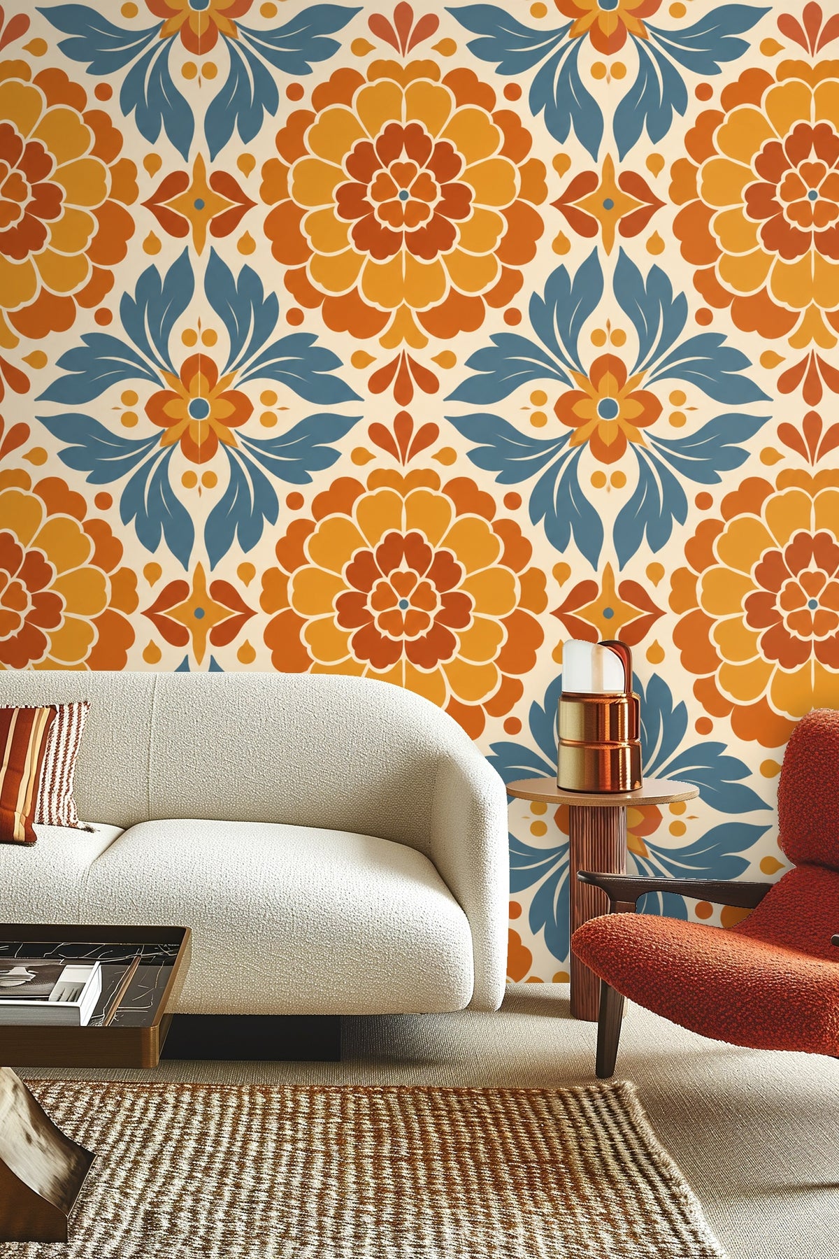 Close view of floral medallion pattern in warm ochre and rust tones with blue leaves