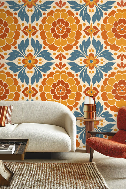 Close view of floral medallion pattern in warm ochre and rust tones with blue leaves