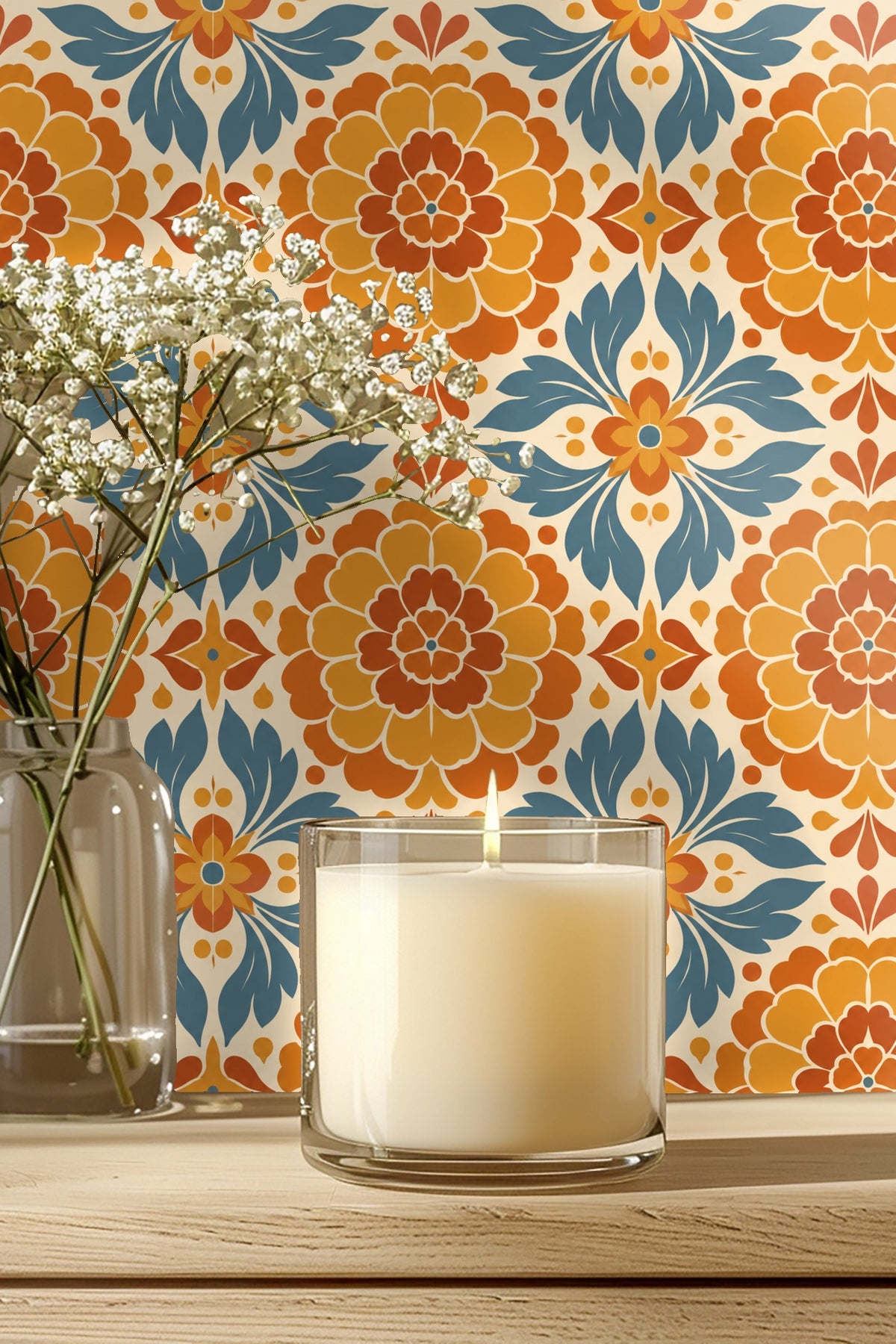 Bedroom headboard area with Marigold Mosaic wallpaper behind a curved, mustard velvet headboard with white bedding