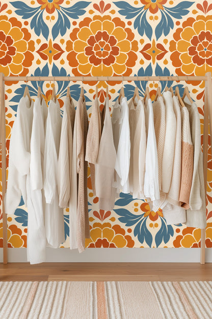 Wall scale image showcasing multiple repeats of the large floral motif
