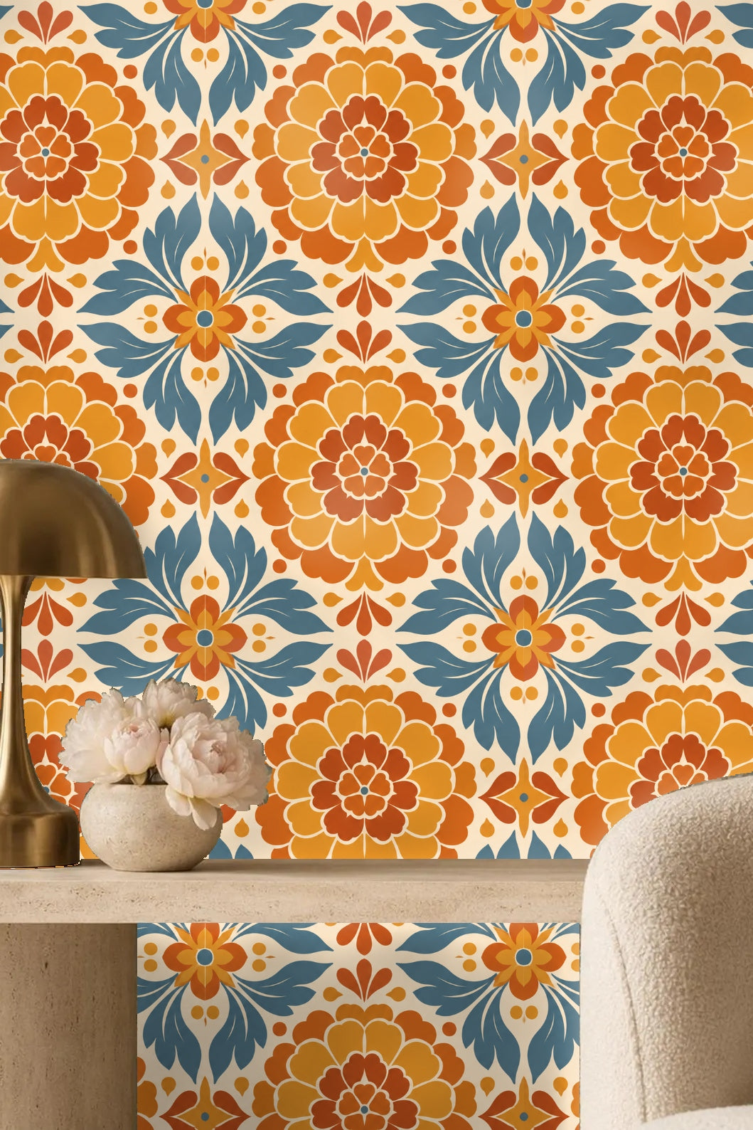 Partial view of a cozy nook decorated with Marigold Mosaic wallpaper and minimal furnishings